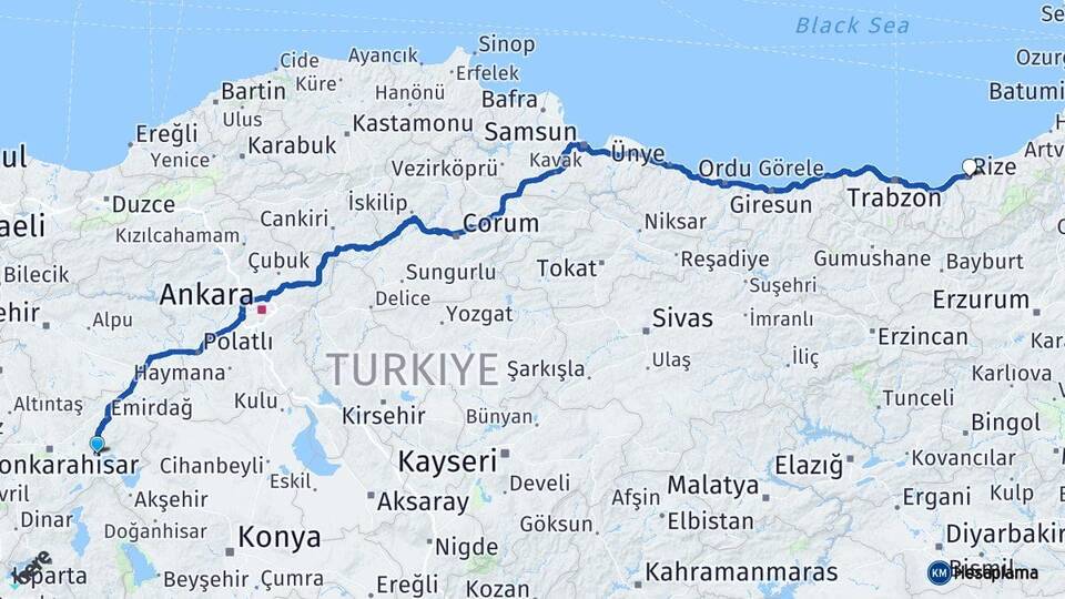 Afyonkarahisar Bolvadin Rize Arası Kaç Km - Yol Haritası