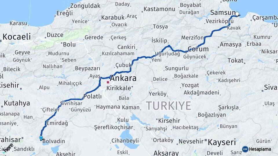 Afyonkarahisar Bolvadin Samsun Arası Kaç Km - Yol Haritası