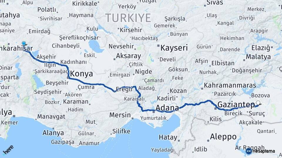 Afyonkarahisar Bolvadin Şanlıurfa Arası Kaç Km - Yol Haritası