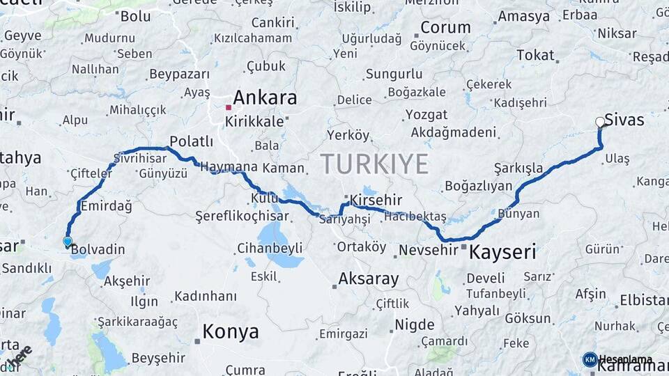Afyonkarahisar Bolvadin Sivas Arası Kaç Km - Yol Haritası