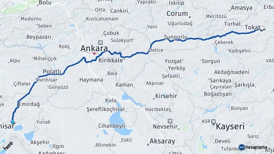 Afyonkarahisar Bolvadin Tokat Arası Kaç Km - Yol Haritası
