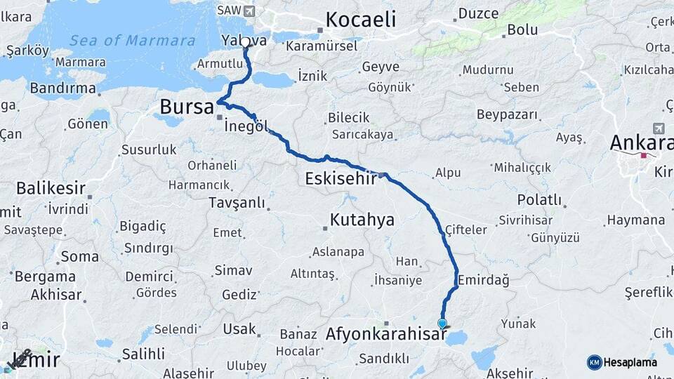 Afyonkarahisar Bolvadin Yalova Arası Kaç Km - Yol Haritası