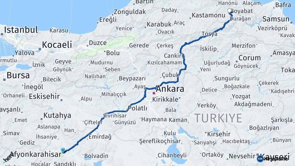 Afyonkarahisar Boyabat Sinop Arası Kaç Km - Yol Haritası