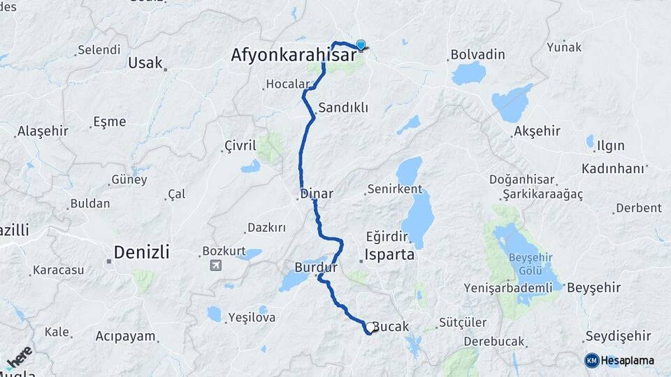 Afyonkarahisar Bucak Burdur Arası Kaç Km - Yol Haritası
