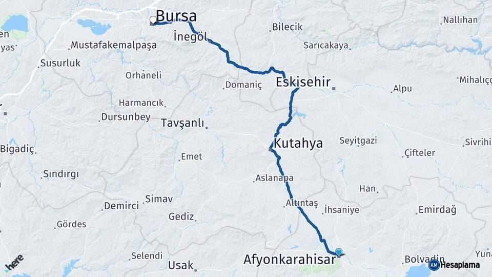 Afyonkarahisar Bursa Arası Kaç Km - Yol Haritası