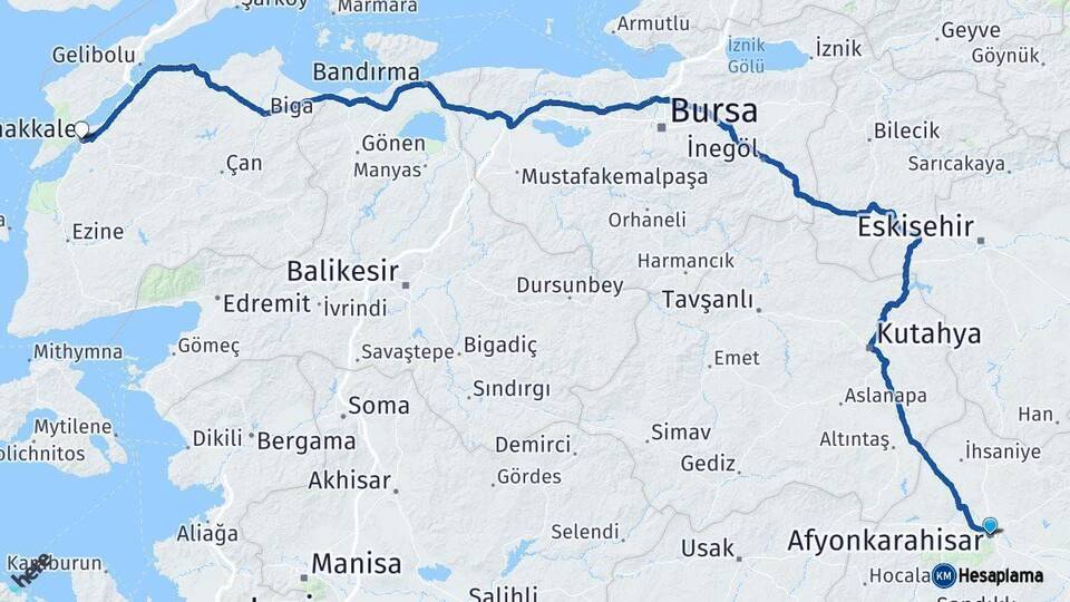 Afyonkarahisar Çanakkale Arası Kaç Km - Yol Haritası