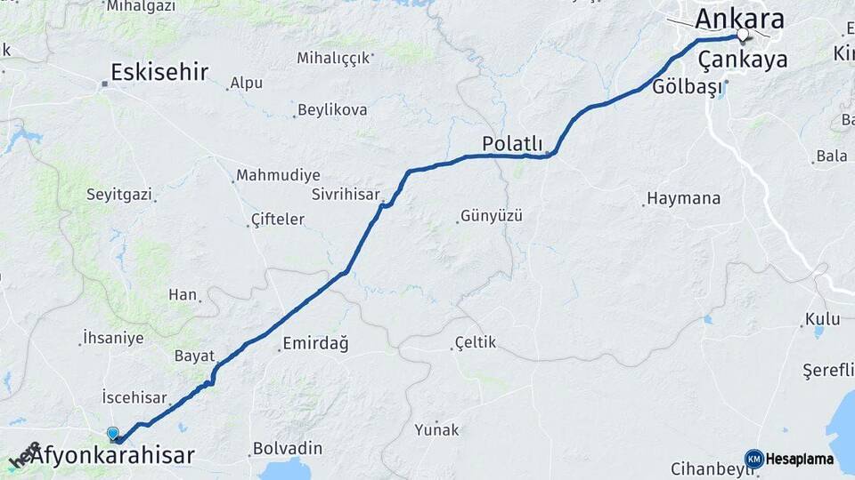 Afyonkarahisar Çankaya Ankara Arası Kaç Km - Yol Haritası