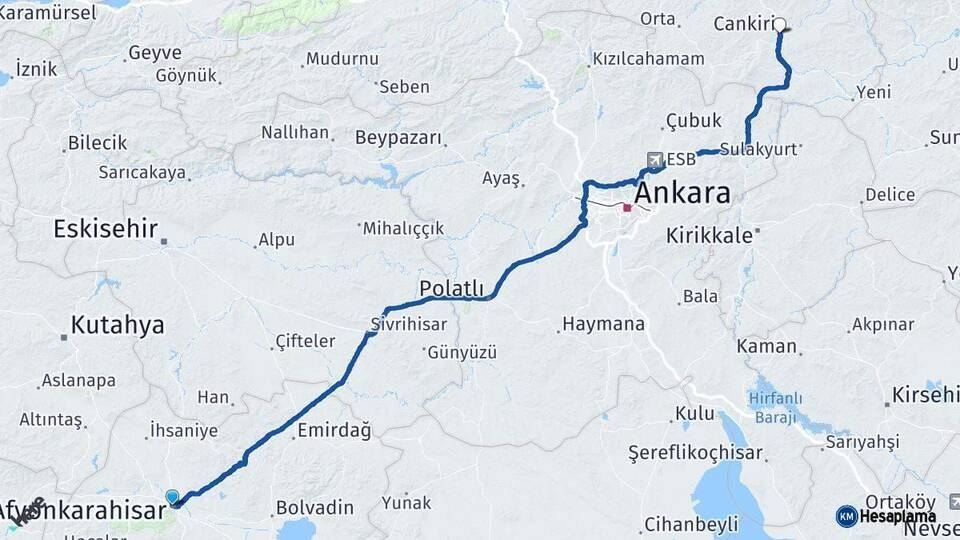 Afyonkarahisar Çankırı Arası Kaç Km - Yol Haritası