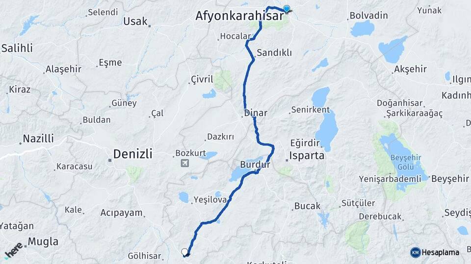 Afyonkarahisar Çavdır Burdur Arası Kaç Km - Yol Haritası
