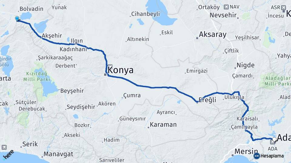 Afyonkarahisar Çay Adana Arası Kaç Km - Yol Haritası