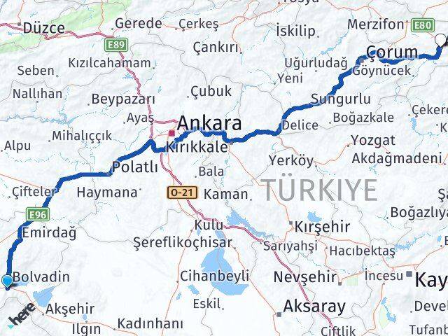 Afyonkarahisar Çay Amasya Arası Kaç Km - Yol Haritası