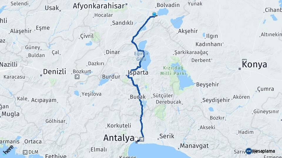 Afyonkarahisar Çay Antalya Arası Kaç Km - Yol Haritası