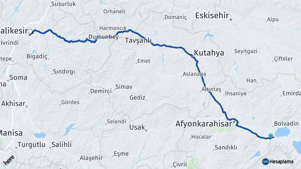 Afyonkarahisar Çay Balıkesir Arası Kaç Km - Yol Haritası