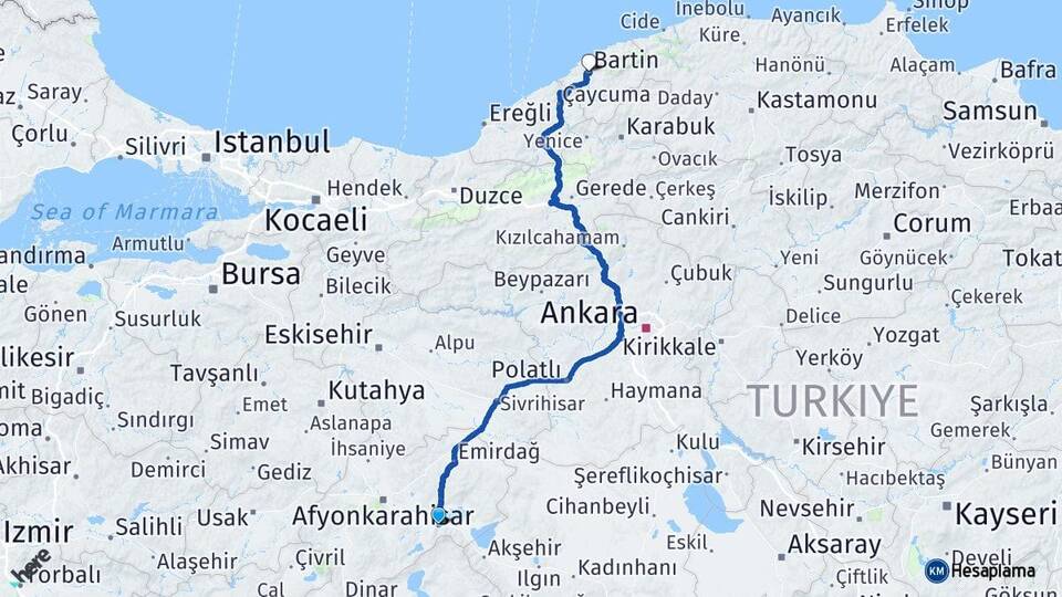 Afyonkarahisar Çay Bartın Arası Kaç Km - Yol Haritası