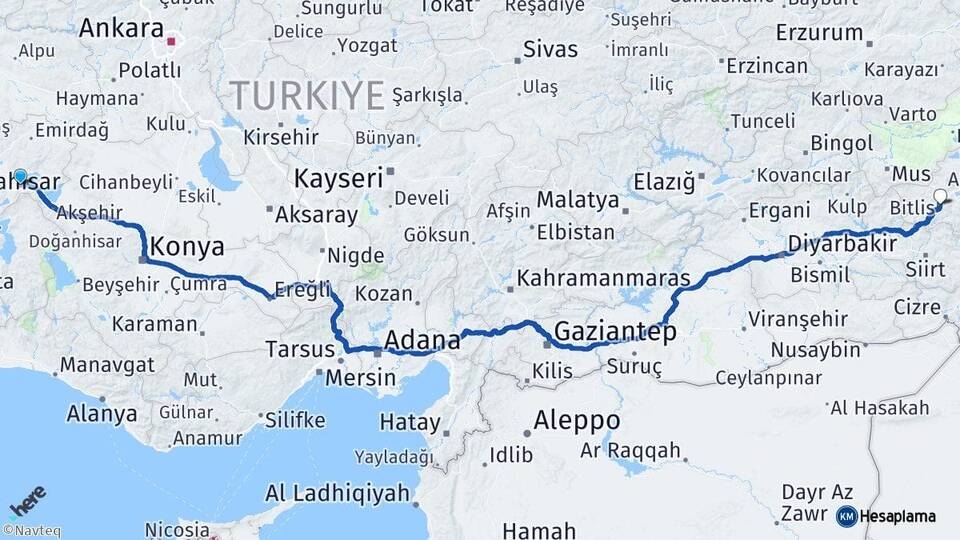 Afyonkarahisar Çay Bitlis Arası Kaç Km - Yol Haritası