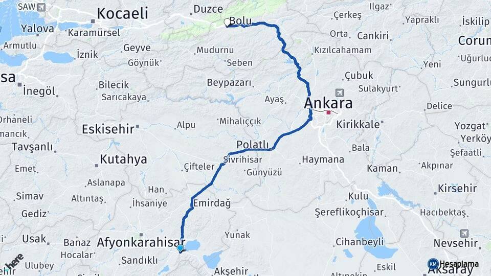 Afyonkarahisar Çay Bolu Arası Kaç Km - Yol Haritası