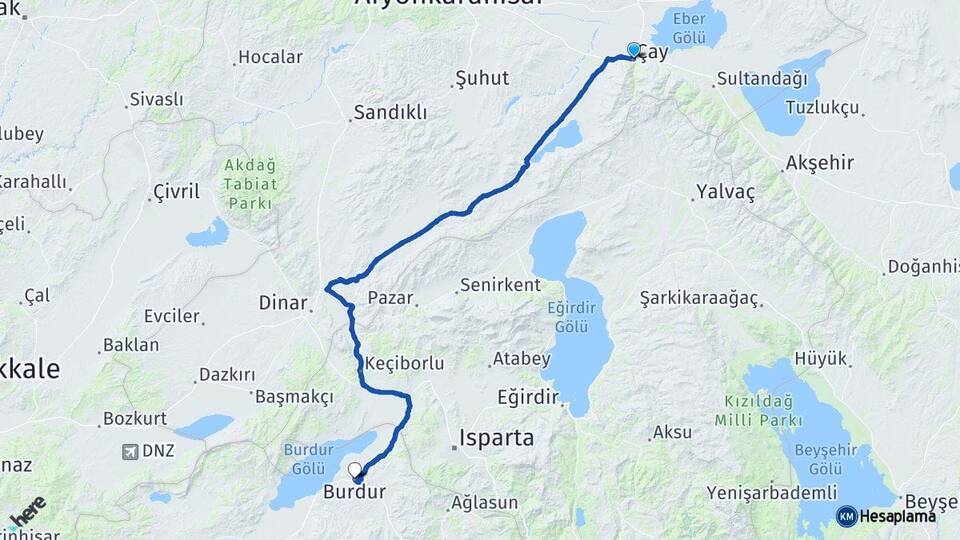 Afyonkarahisar Çay Burdur Arası Kaç Km - Yol Haritası