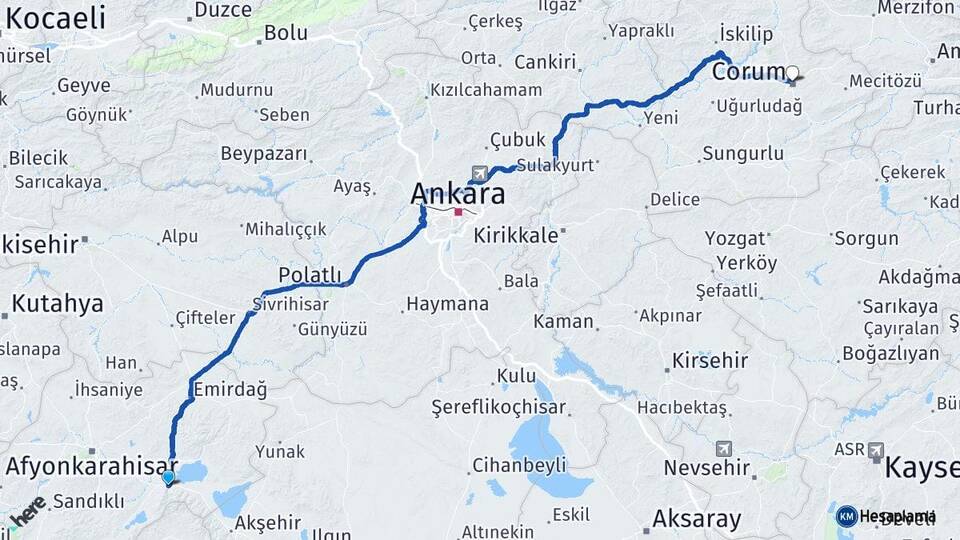 Afyonkarahisar Çay Çorum Arası Kaç Km - Yol Haritası