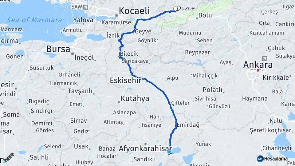 Afyonkarahisar Çay Düzce Arası Kaç Km - Yol Haritası