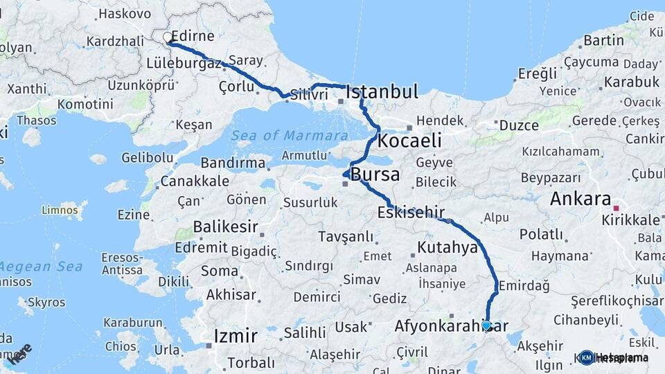 Afyonkarahisar Çay Edirne Arası Kaç Km - Yol Haritası