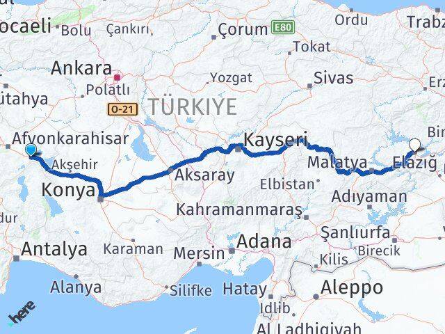 Afyonkarahisar Çay Elazığ Arası Kaç Km - Yol Haritası