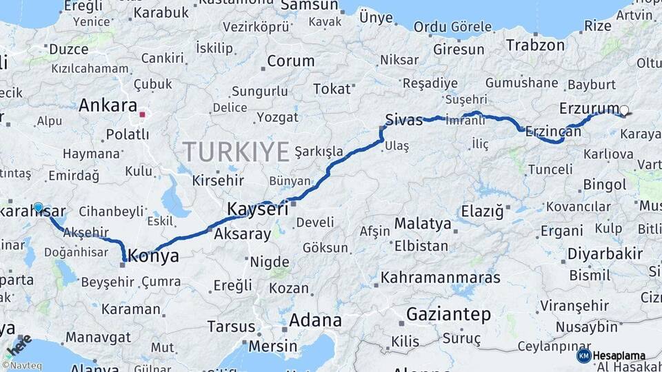 Afyonkarahisar Çay Erzurum Arası Kaç Km - Yol Haritası