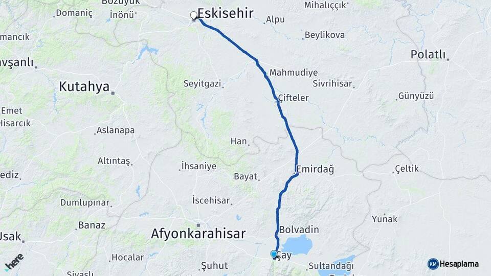 Afyonkarahisar Çay Eskişehir Arası Kaç Km - Yol Haritası