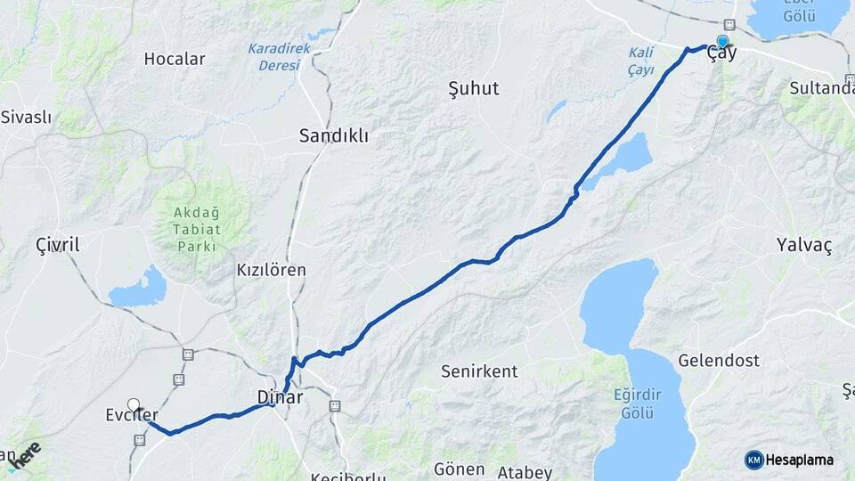 Afyonkarahisar Çay Evciler Arası Kaç Km - Yol Haritası