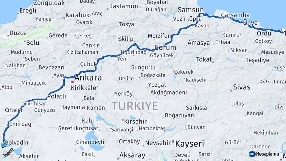 Afyonkarahisar Çay Giresun Arası Kaç Km - Yol Haritası