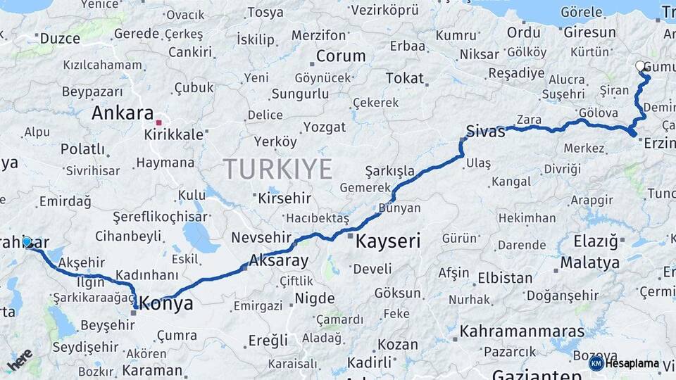 Afyonkarahisar Çay Gümüşhane Arası Kaç Km - Yol Haritası