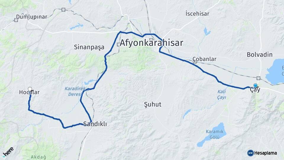 Afyonkarahisar Çay Hocalar Arası Kaç Km - Yol Haritası