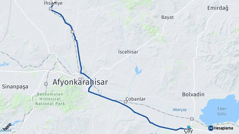 Afyonkarahisar Çay İhsaniye Arası Kaç Km - Yol Haritası
