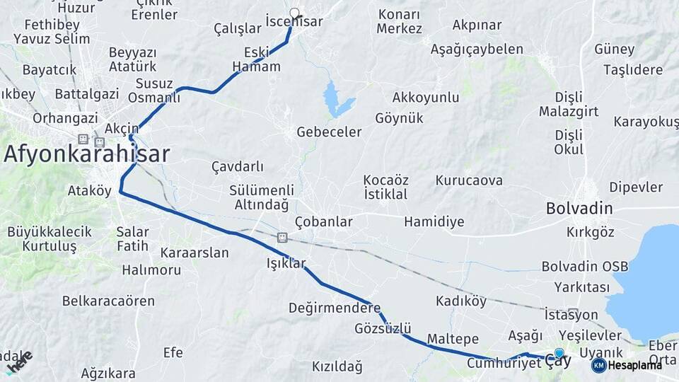 Afyonkarahisar Çay İscehisar Arası Kaç Km - Yol Haritası