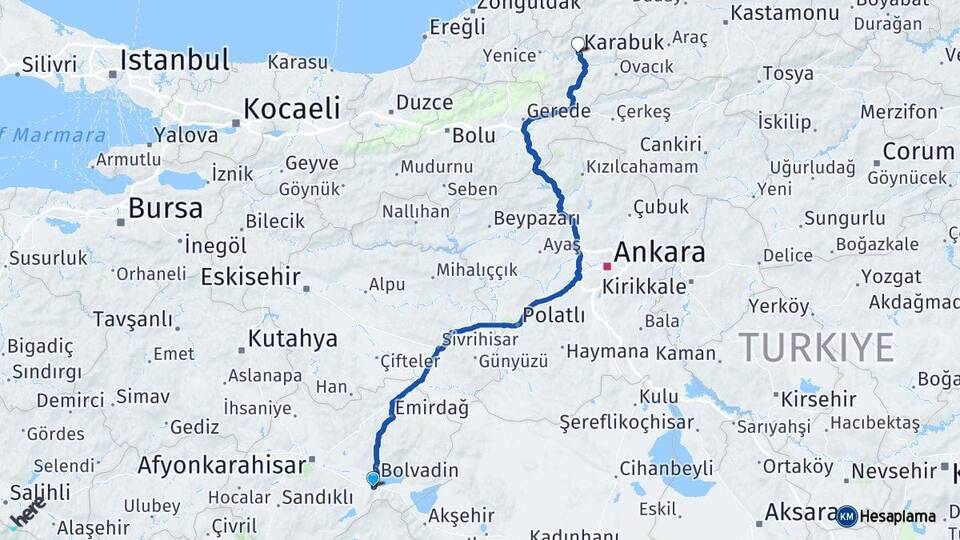 Afyonkarahisar Çay Karabük Arası Kaç Km - Yol Haritası