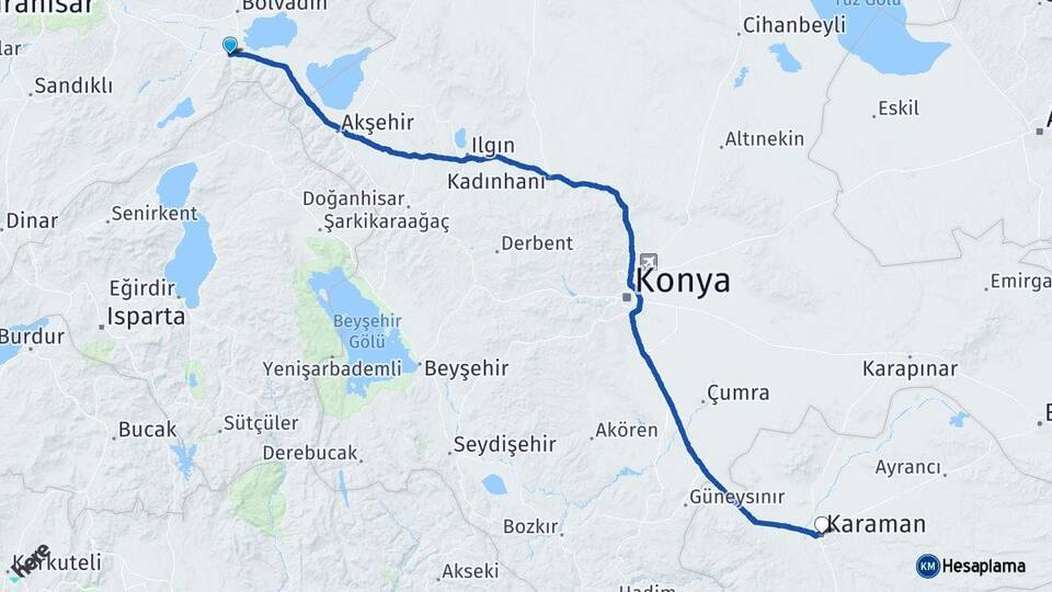 Afyonkarahisar Çay Karaman Arası Kaç Km - Yol Haritası