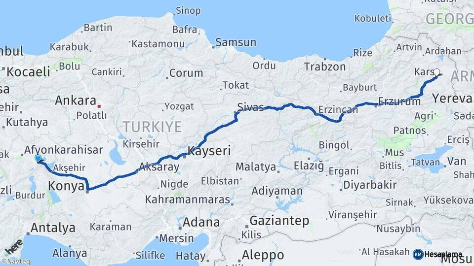 Afyonkarahisar Çay Kars Arası Kaç Km - Yol Haritası