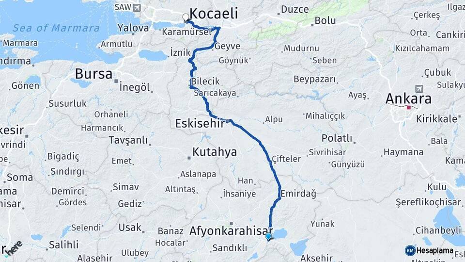 Afyonkarahisar Çay Kocaeli Arası Kaç Km - Yol Haritası