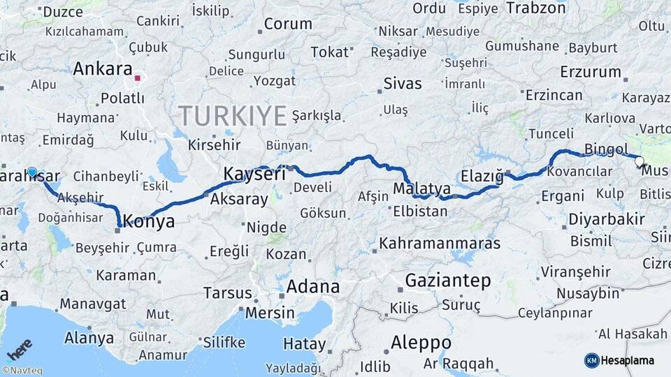 Afyonkarahisar Çay Muş Arası Kaç Km - Yol Haritası