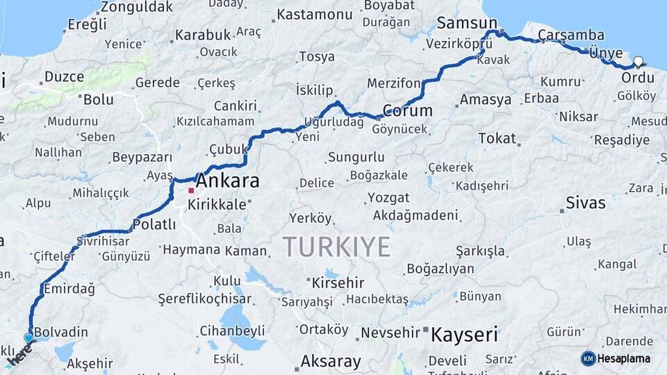 Afyonkarahisar Çay Ordu Arası Kaç Km - Yol Haritası