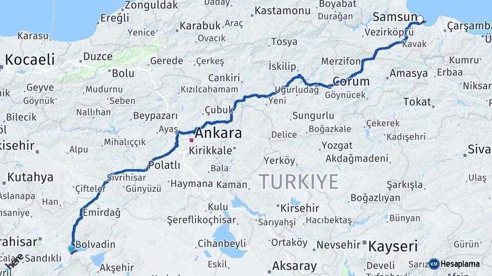 Afyonkarahisar Çay Samsun Arası Kaç Km - Yol Haritası