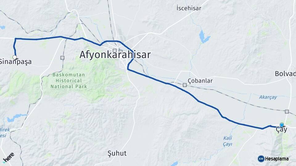 Afyonkarahisar Çay Sinanpaşa Arası Kaç Km - Yol Haritası