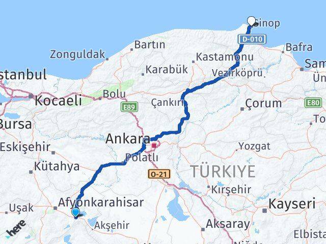 Afyonkarahisar Çay Sinop Arası Kaç Km - Yol Haritası