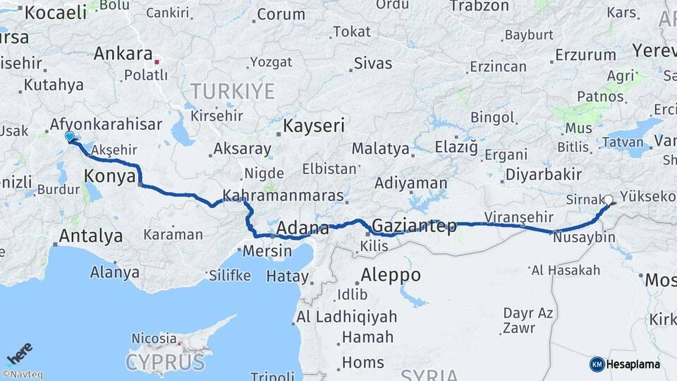 Afyonkarahisar Çay Şırnak Arası Kaç Km - Yol Haritası