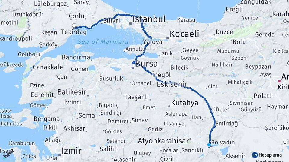 Afyonkarahisar Çay Tekirdağ Arası Kaç Km - Yol Haritası