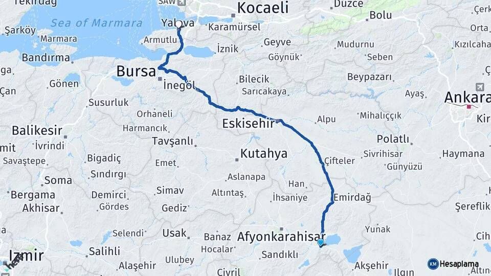 Afyonkarahisar Çay Yalova Arası Kaç Km - Yol Haritası