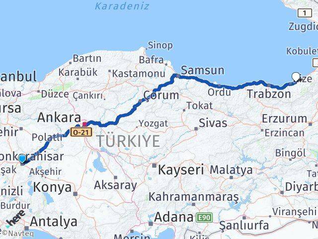 Afyonkarahisar Çayeli Rize Arası Kaç Km - Yol Haritası