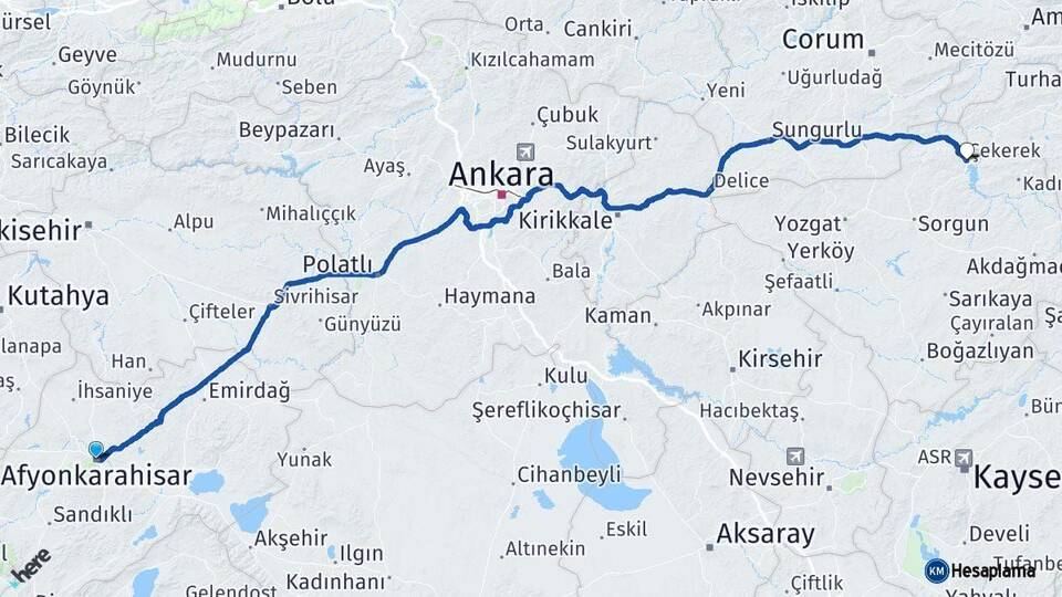 Afyonkarahisar Çekerek Yozgat Arası Kaç Km - Yol Haritası
