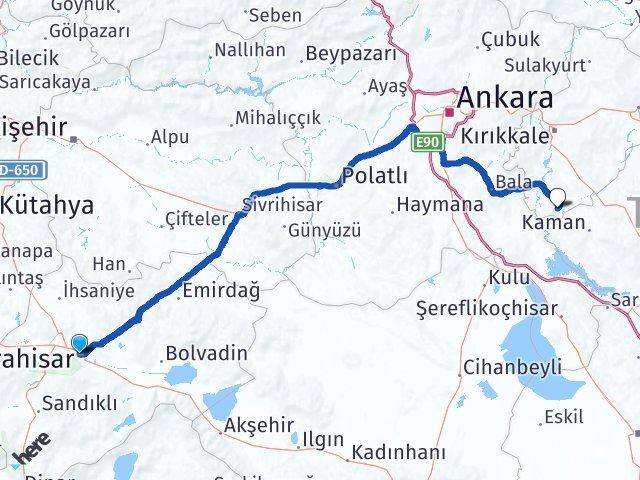 Afyonkarahisar Çelebi Kırıkkale Arası Kaç Km - Yol Haritası
