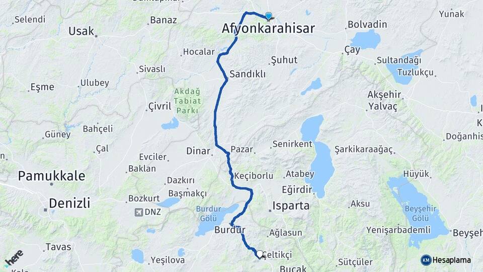 Afyonkarahisar Çeltikçi Burdur Arası Kaç Km - Yol Haritası