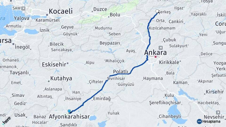 Afyonkarahisar Çerkeş Çankırı Arası Kaç Km - Yol Haritası